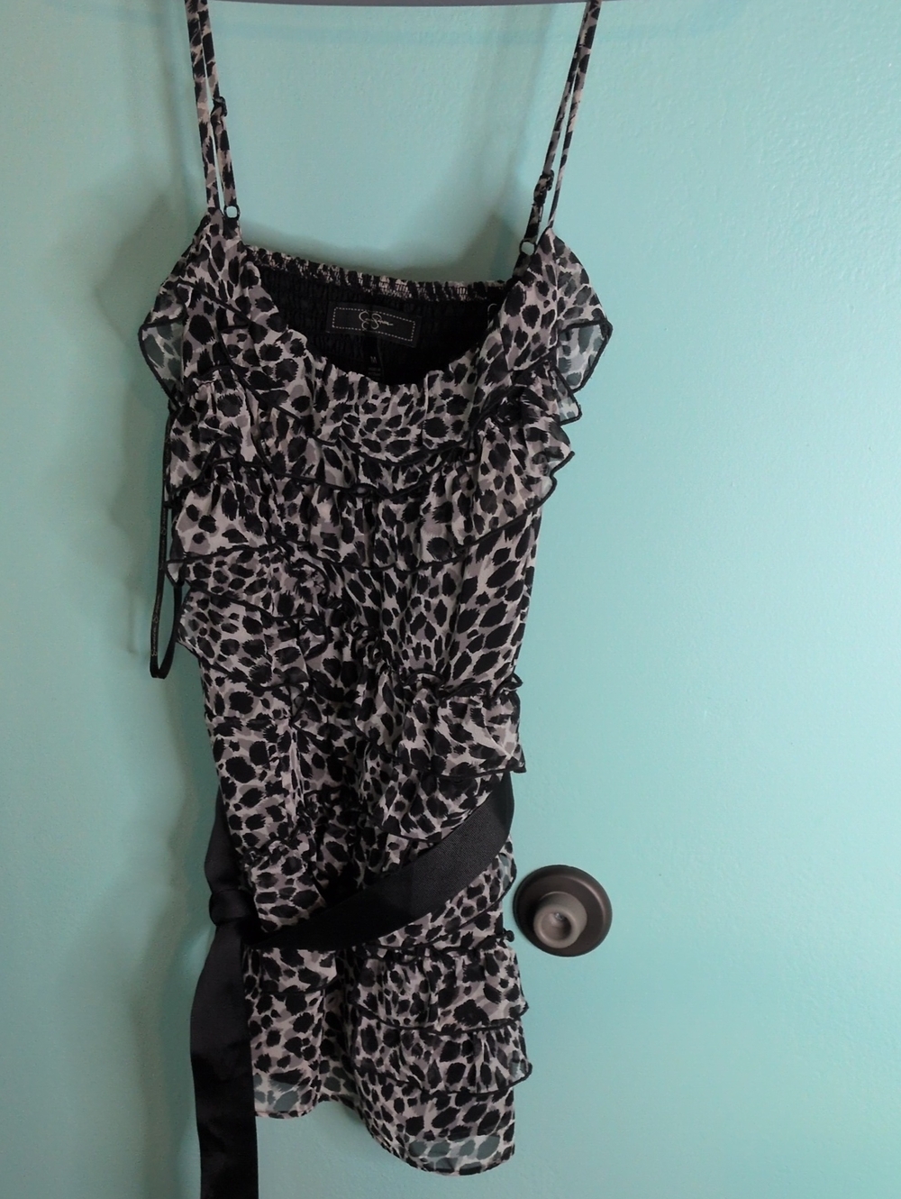 Jessica Simpson Leopard Print Ruffle Camisole Top Black White Satin‎ Tie Medium